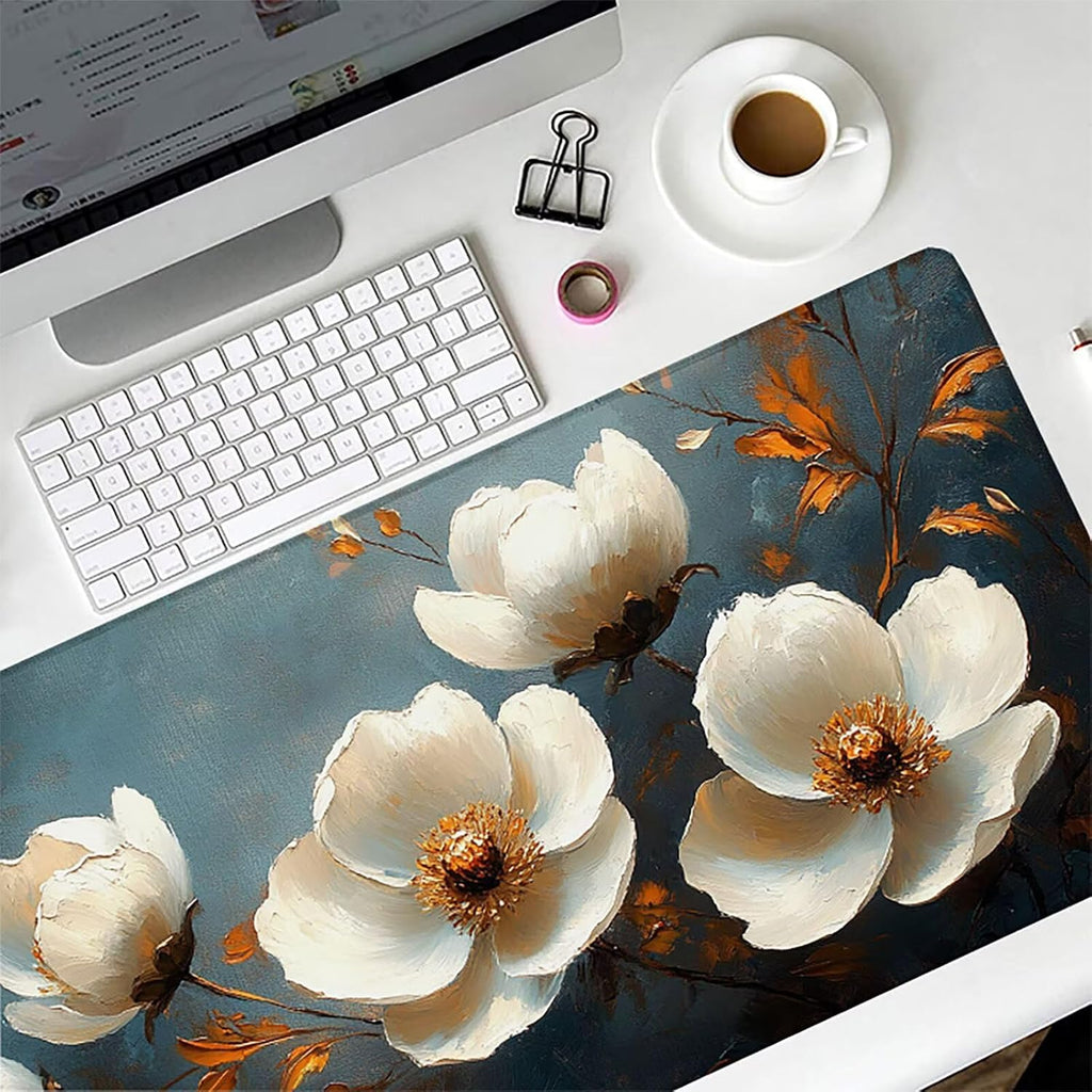 Flower Mouse Pad, Gaming Mouse Pad 60x32in, Desk Mat with Stitched Edges, Large Mousepad Waterproof, Gaming Accessories Keyboard Mat, Office Desk Accessories, for Gamer Computer Office, White 2-3774