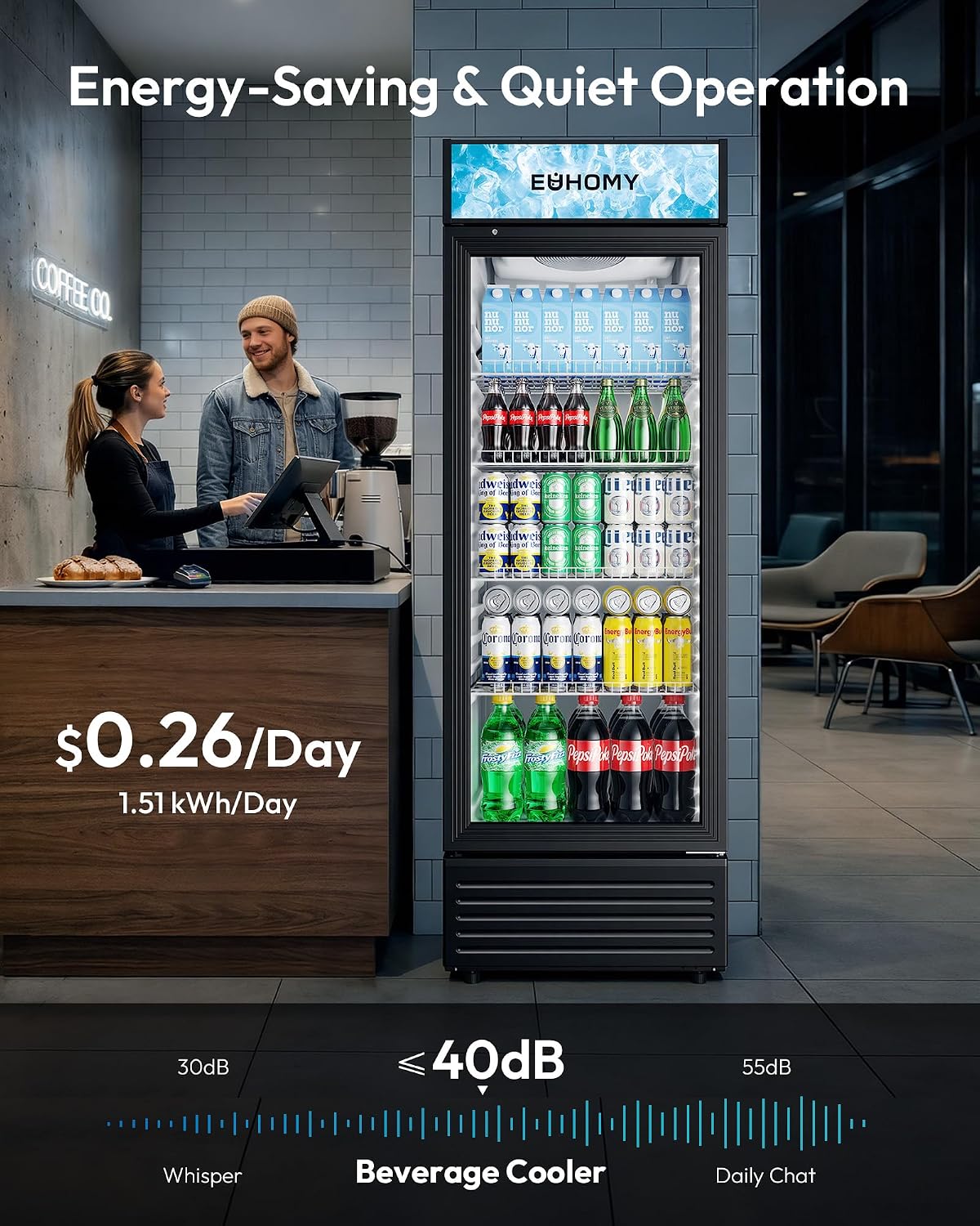 EUHOMY Commercial Refrigerator Glass Door, 12 Cu.Ft Commercial Beverage Refrigerator with Soft LED Light, Adjustable Shelves, Display Refrigerator for Restaurant Cafe Bar, ETL Listed