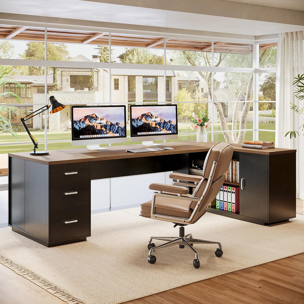 Tribesigns 85.8-Inch L-Shaped Executive Desk with File Drawers, Door Cabinet & Shelves, Extra Large Commercial Office Desk, Modern Professional Office Table, Business Furniture, Natural & Black