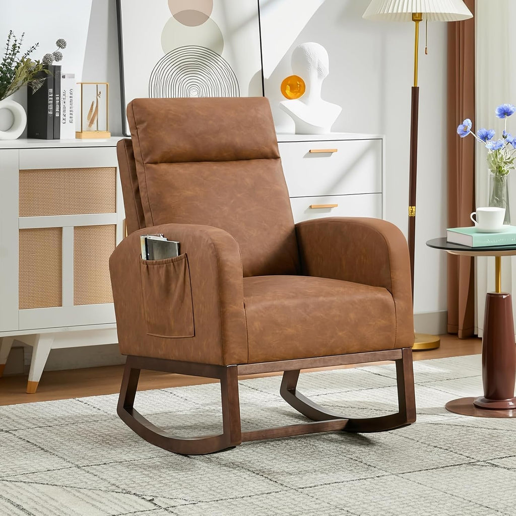 Nursery Glider Rocking Chair with 2 Side Pockets - Solid Wood Legs, Cozy Armchair for Baby Room, Living Room, Bedroom, Comfortable Nursery Essential(Rustic Brown)