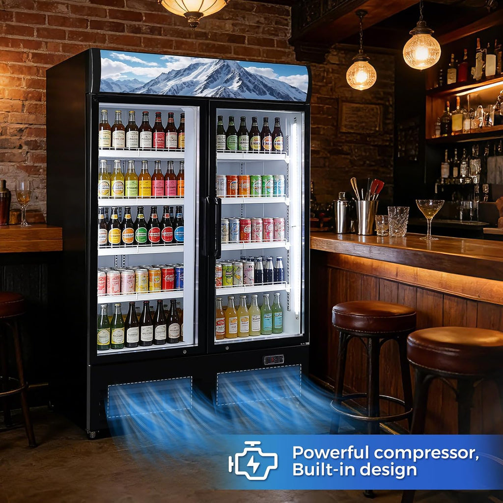36 Cu Ft Commercial Beverage Refrigerator with 2 Glass Doors - Drink Cooler Merchandiser with LED Light Display, 8 Adjustable Shelves, ETL Approved for Business & Retail, Black