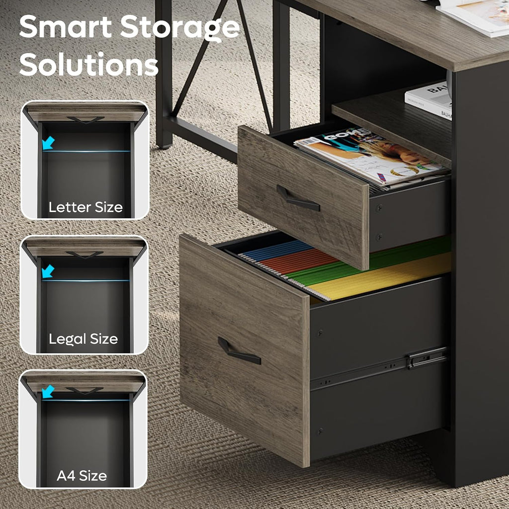 Bestier L Shaped Desk with 4 Drawers, 63' x 47' Executive Desk with Open Storage & Monitor Stand, Corner Desk with 2 File Drawers & Modesty Panel for Home Office, Gray