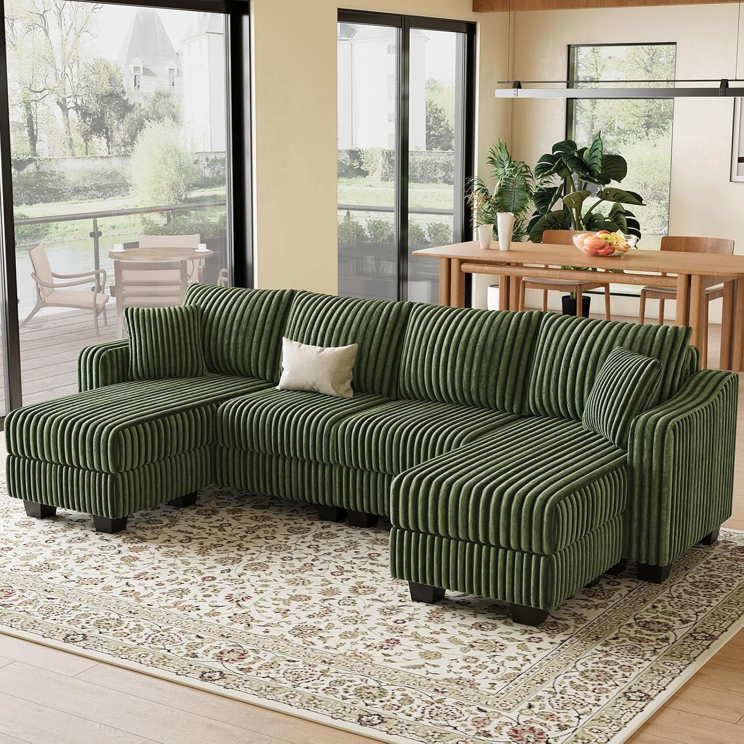 Belffin U Shaped Couch with Reversible Chaises Sectional Couches for Living Room Sectional Couch with Ottomans Corduroy (Green, U Shaped)