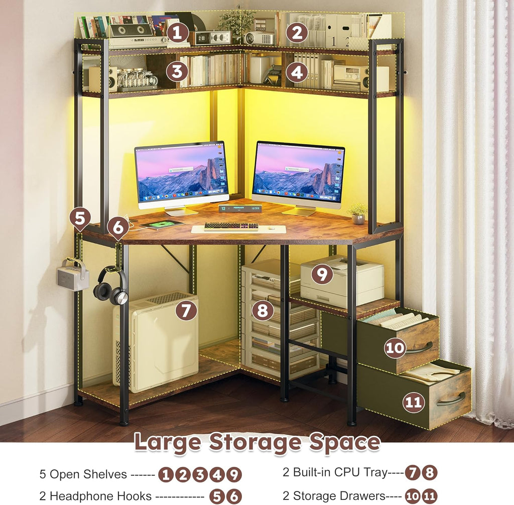 DurayLoly 35.4' W x 63' H Corner Desk with Hutch & LED Lights, Triangle Corner Desk and Computer Desk with Drawers for Storage & Shelves and Hook, Office Desk for Bedroom Small Space, Rustic Brown