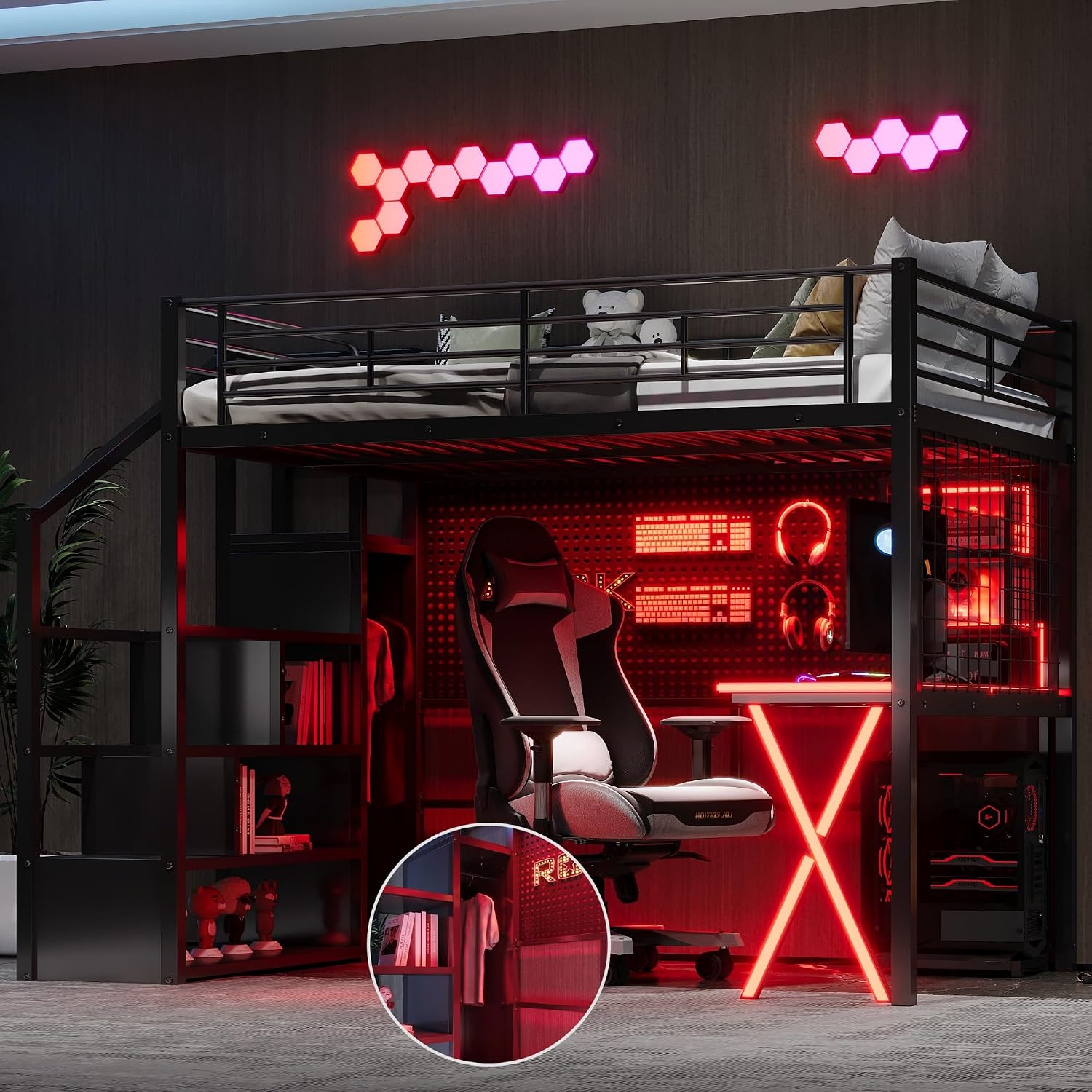 MERITLINE Full Gaming Loft Bed with Desk and Storage Wardrobe& LED RGB,Metal Gaming Bed with Stairs and Storage Case,for Adults Teens (Black)