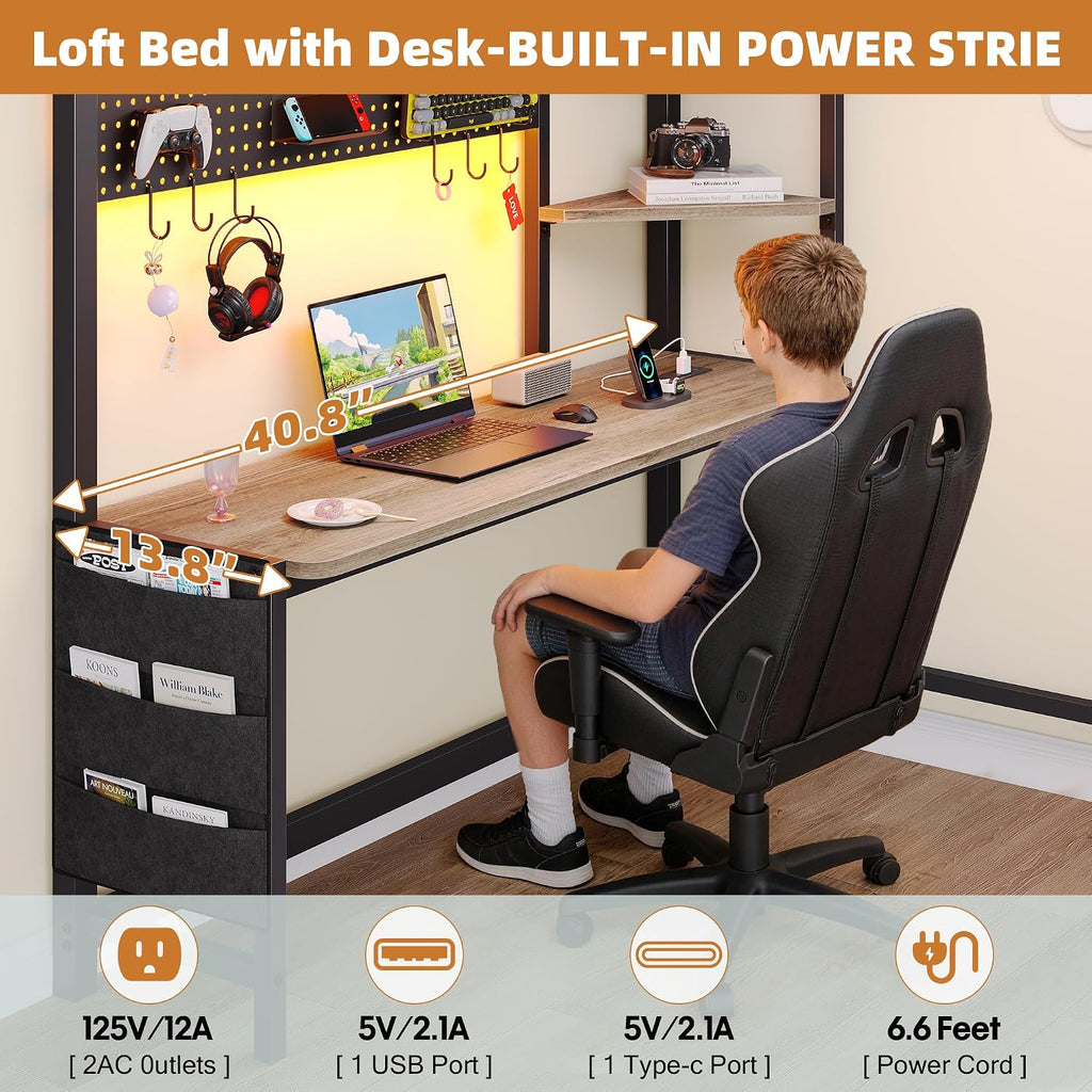 Dnxao Twin Loft Bed with Desk, Heavy Duty Twin Bed Frame with Integrated 6 Storage Drawers & DIY Pegboard, Smart LED Lights, Charging Station with Type-C, Space-Saving Workstation for Teens,Oak Gray