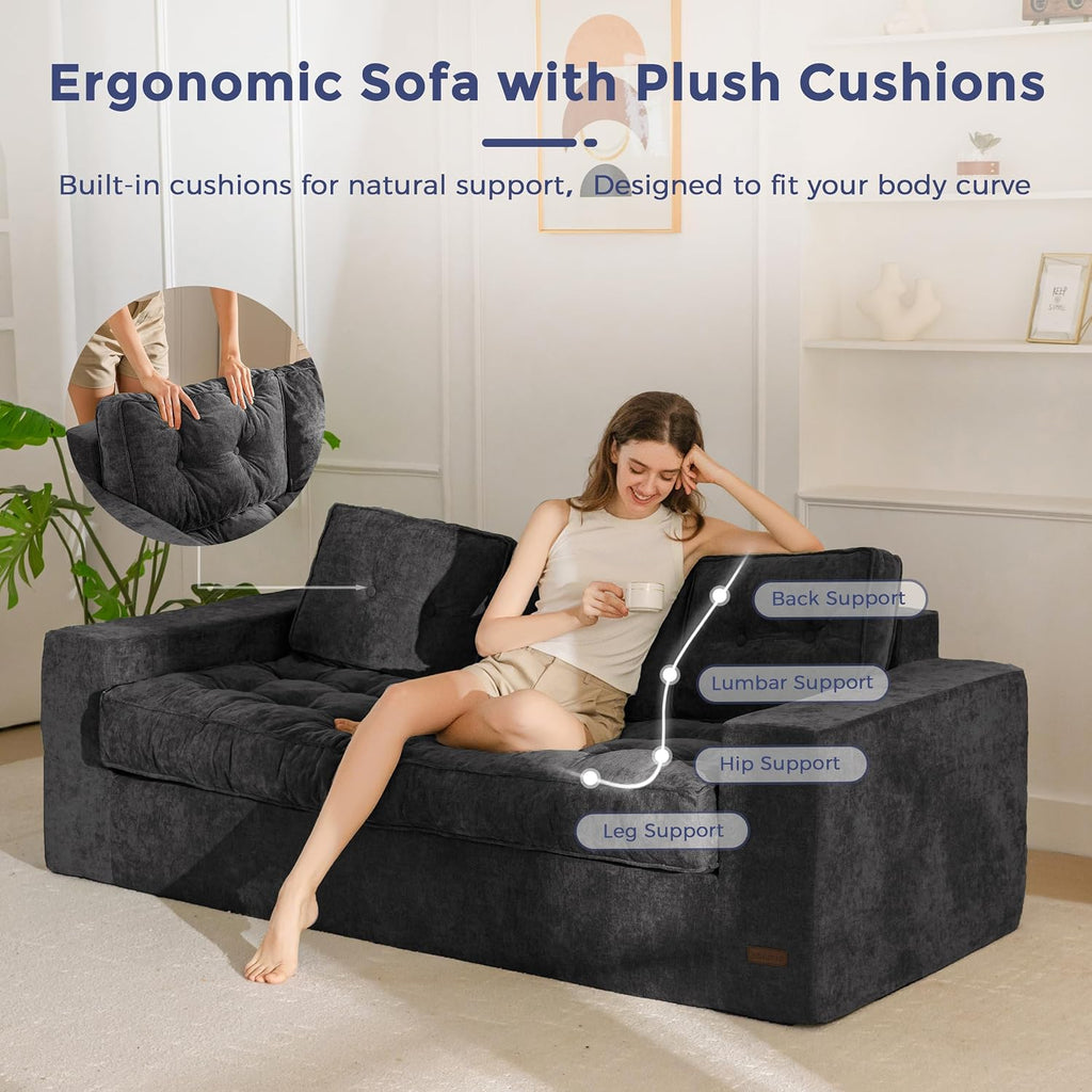 MAXYOYO 3-Seater Boneless Sofa Couch, Tufted Sofa Lounge for Living Room, Comfy Bean Bag Chair High-Density Foam Couch with Pillows, No Assembly Required