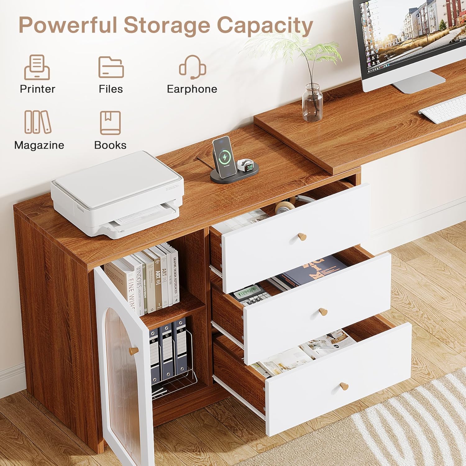 Tribesigns L Shaped Computer Desk with Drawers, Modern Corner Home Office Desk with Reversible Storage Cabinet, Long Study Writing Desk Workstation for Home Office, Rustic Brown