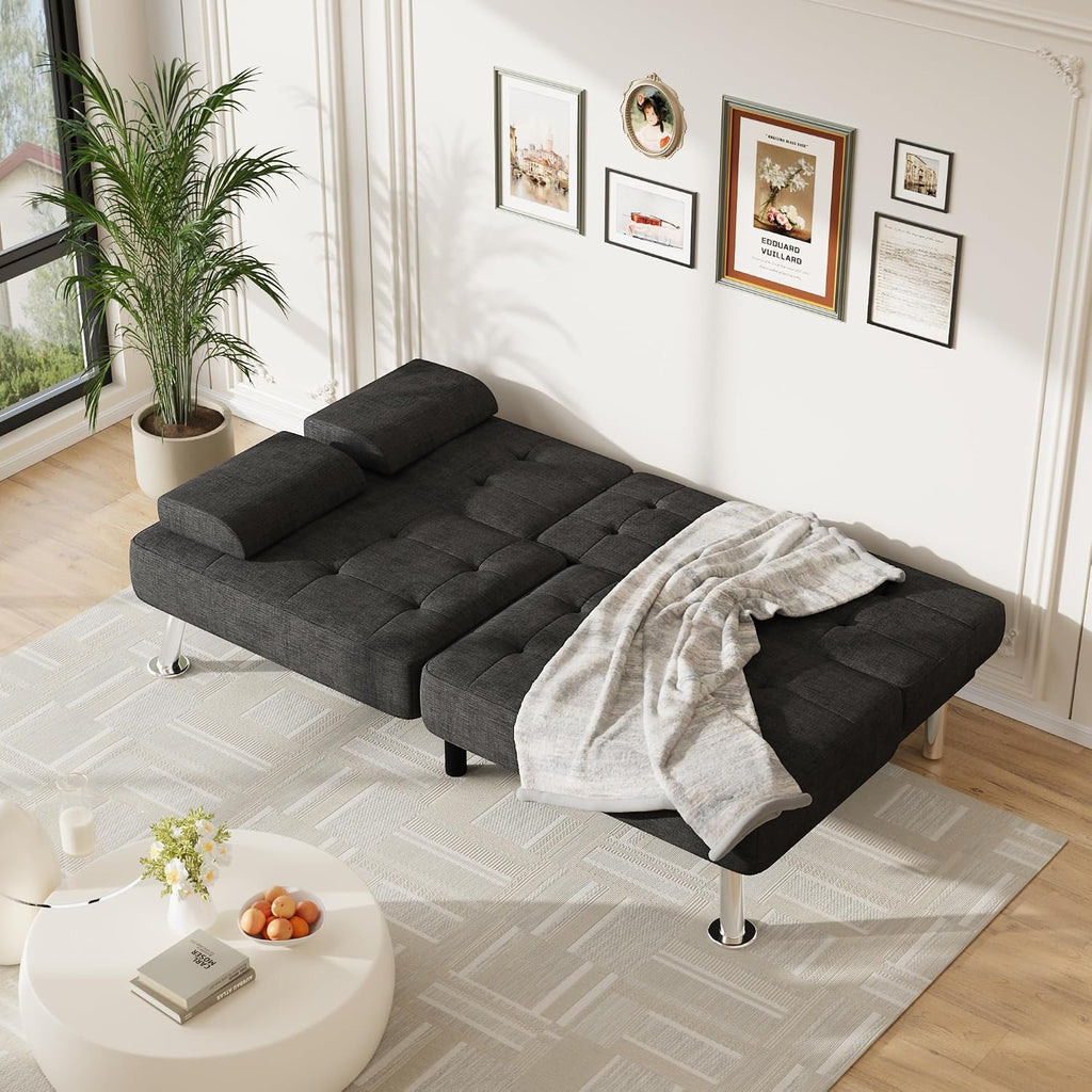 Furmax Futon Sofa Bed Adjustable Futon Couch Sleeper Sofa Bed for Living Room, Business Office, Recliner Sofas with Cup Holders (Fabric, Black)