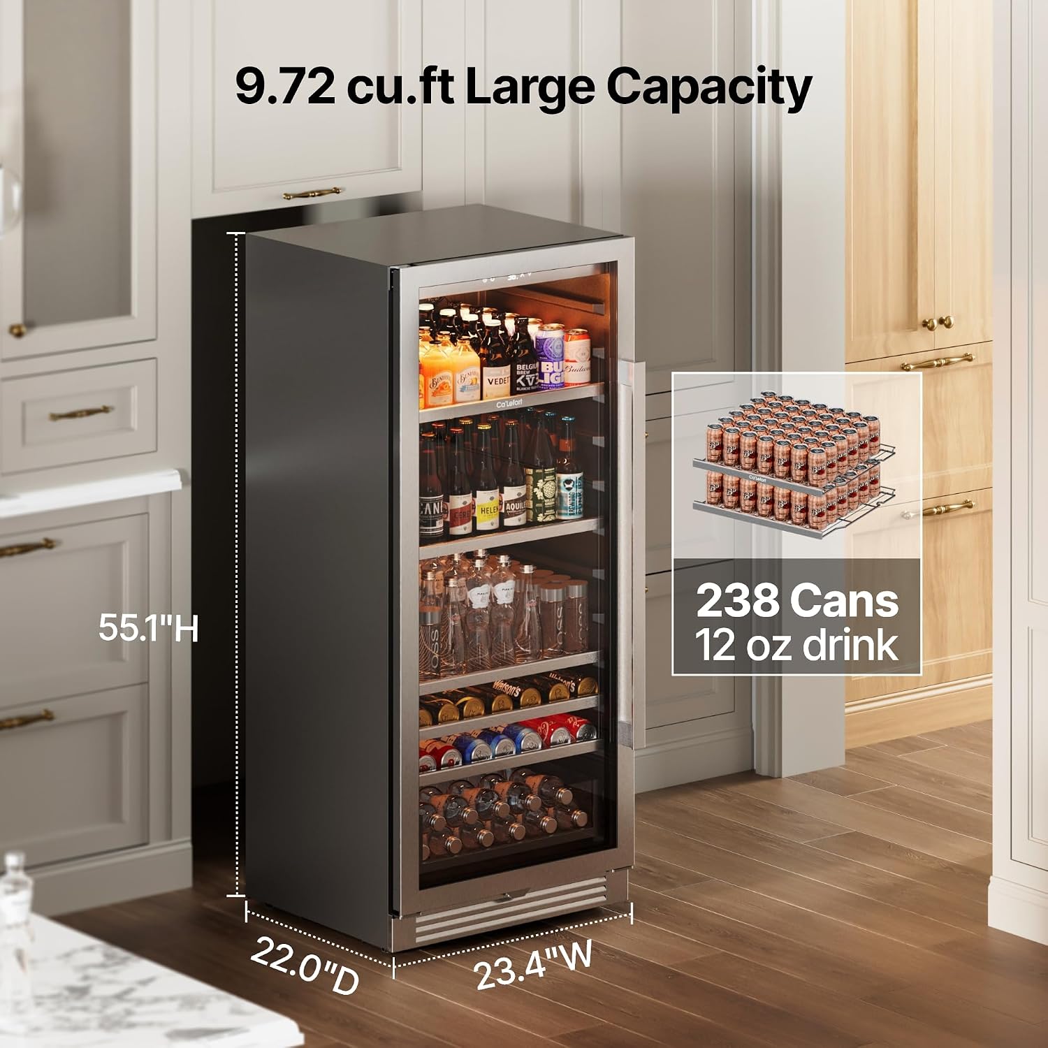 Ca'Lefort Beverage-Refrigerator 24 Inch, Tall Beverage Fridge Cellars Large Bar Drink Cabinet Built-in or Freestanding with Glass Door, Beer Cooler for Bottles and Cans Beer/Soda/Water/Wine