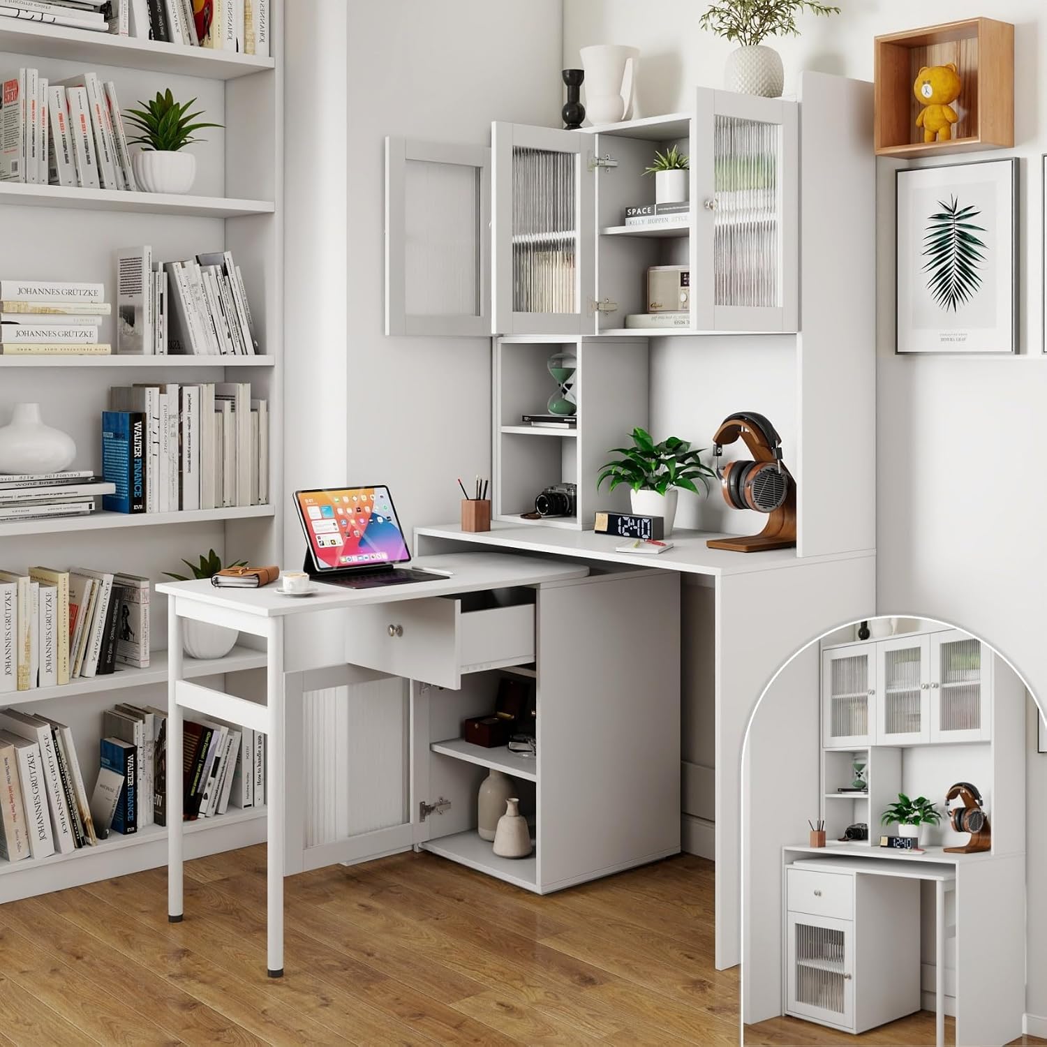 KEIKI L Shaped Home Office Desks with 90° Rotating Retractable Desktop, Glass Door, Hutch, Drawers, Bookshelf & Storage Shelves, Modern Gaming Computer Corner Table for Work, Study, Writing, White