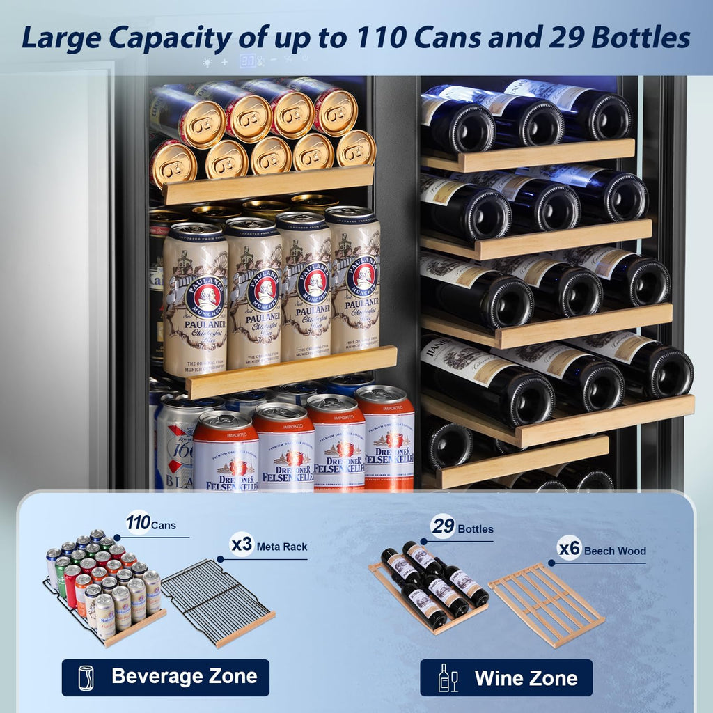 Tylza 30 Inch Wine and Beverage Refrigerator, Dual Zone Wine Beverage Cooler 30' with French Door, Under Counter Wine Beer Fridge Built-In or Freestanding, Holds 29 Bottles and 110 Cans, Black