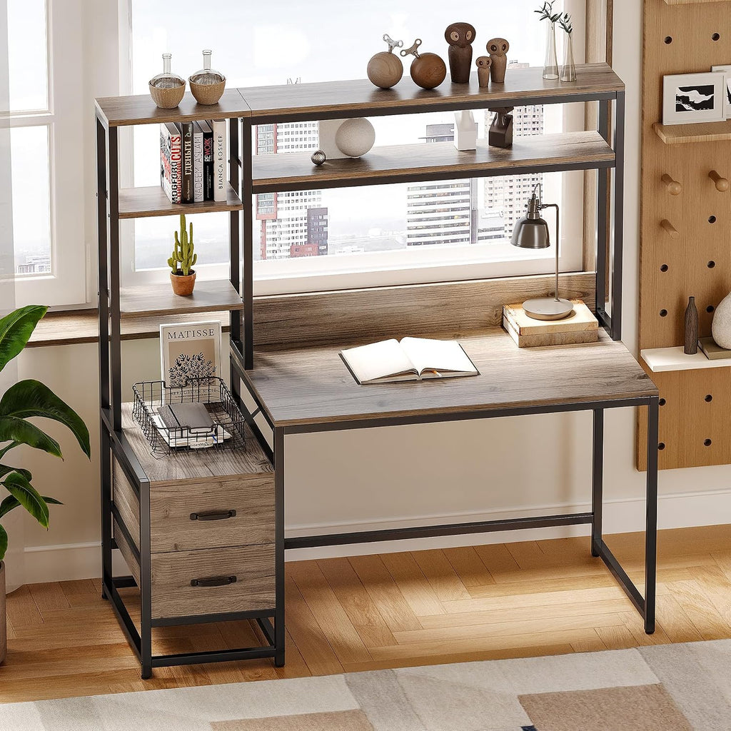 LITTLE TREE Computer Desk with Drawers and Hutch, Small Wooden Writing Desk with Storage Shelves for Bedroom, Rustic Desk for Home Office Desk, Gray