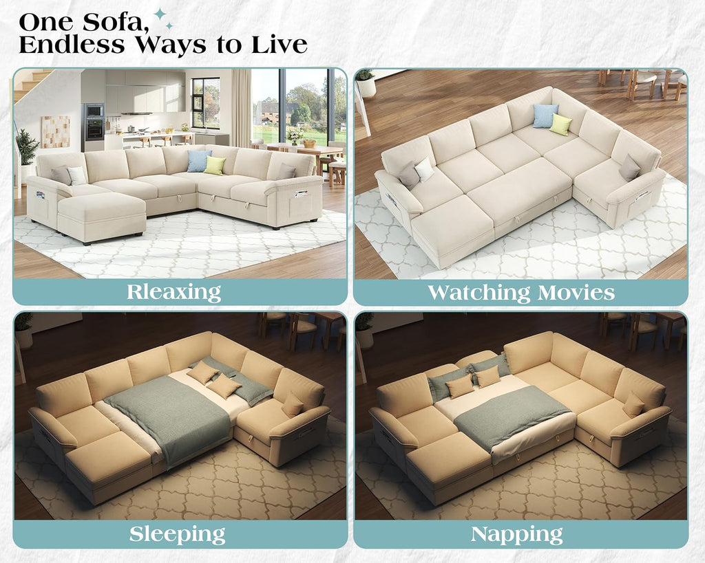 VanAcc 105' Sofa Bed, Sectional Sleeper Sofa with Pull Out Bed/Reclining Backrest, Sleeper Couch Bed with Storage, 6 Seater Couch Bed for Living Room, Chenille Beige