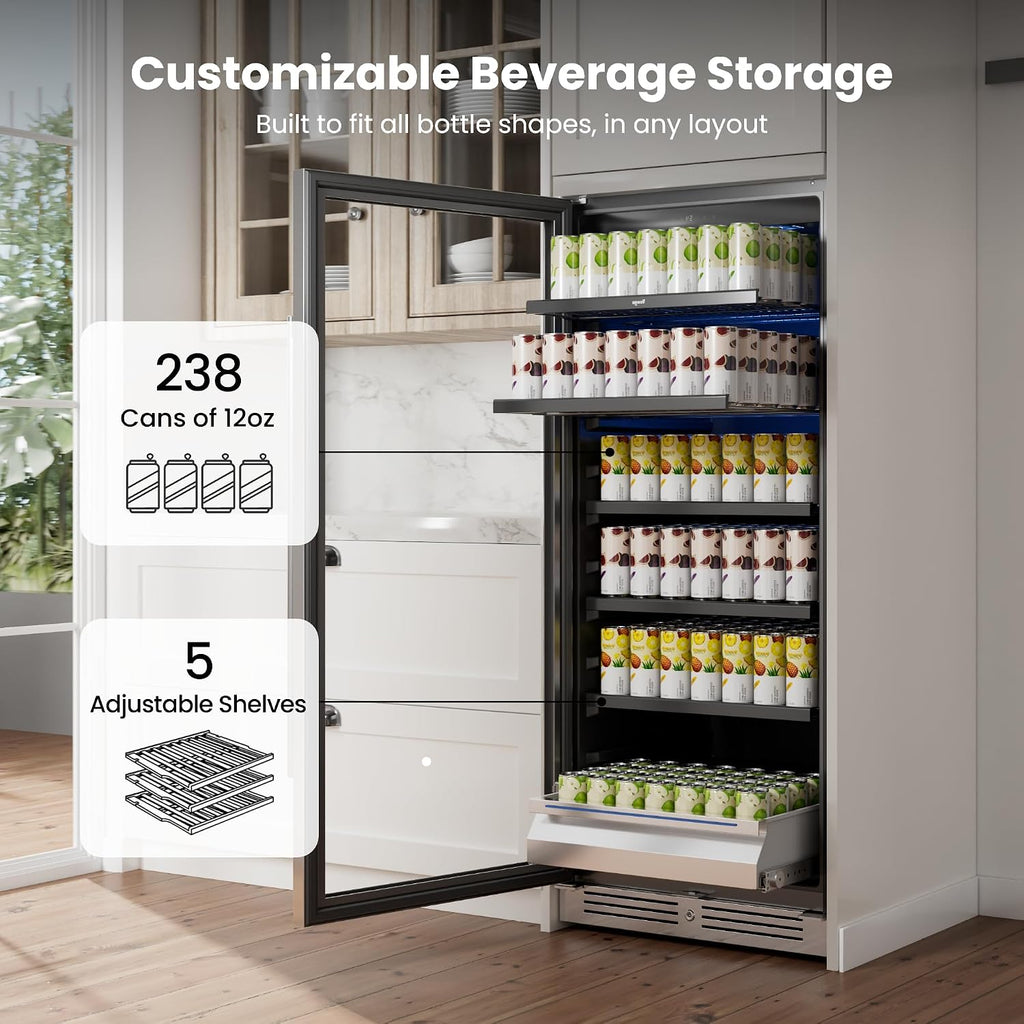 Yeego Beverage Refrigerator 24 inch - 238 Cans Capacity Beverage Cooler, Upgraded Beverage Fridge Freestanding or Built-In, Drink Cooler for Soda, Water, Beer or Wine - For Kitchen, Bar or Office