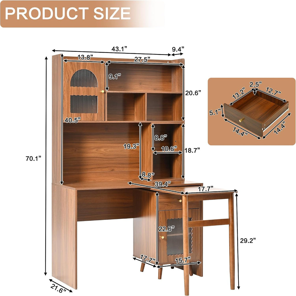 Bellemave Computer Desk with 90 Degree Rotating Desktop, 43x70 Inch Home Office Desk with Drawer and Storage Cabinets, Gaming Desk with Shelves, Writing Desk for Study (Walnut)