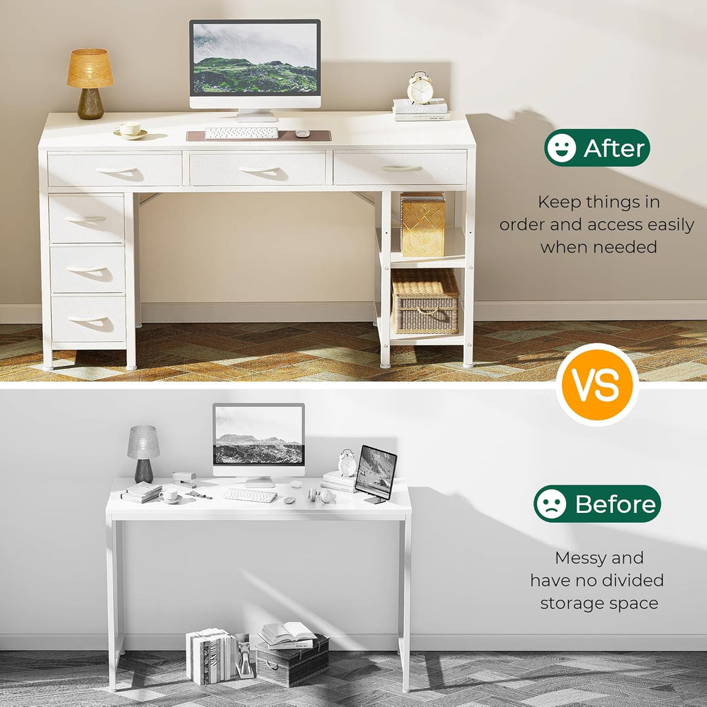 Huuger Computer Desk with 6 Drawers, Office Desk with Shelves, Reversible Gaming Desk, Corner Desk with Storage, Work for Home Office, Study, Living Room, 47inch, White