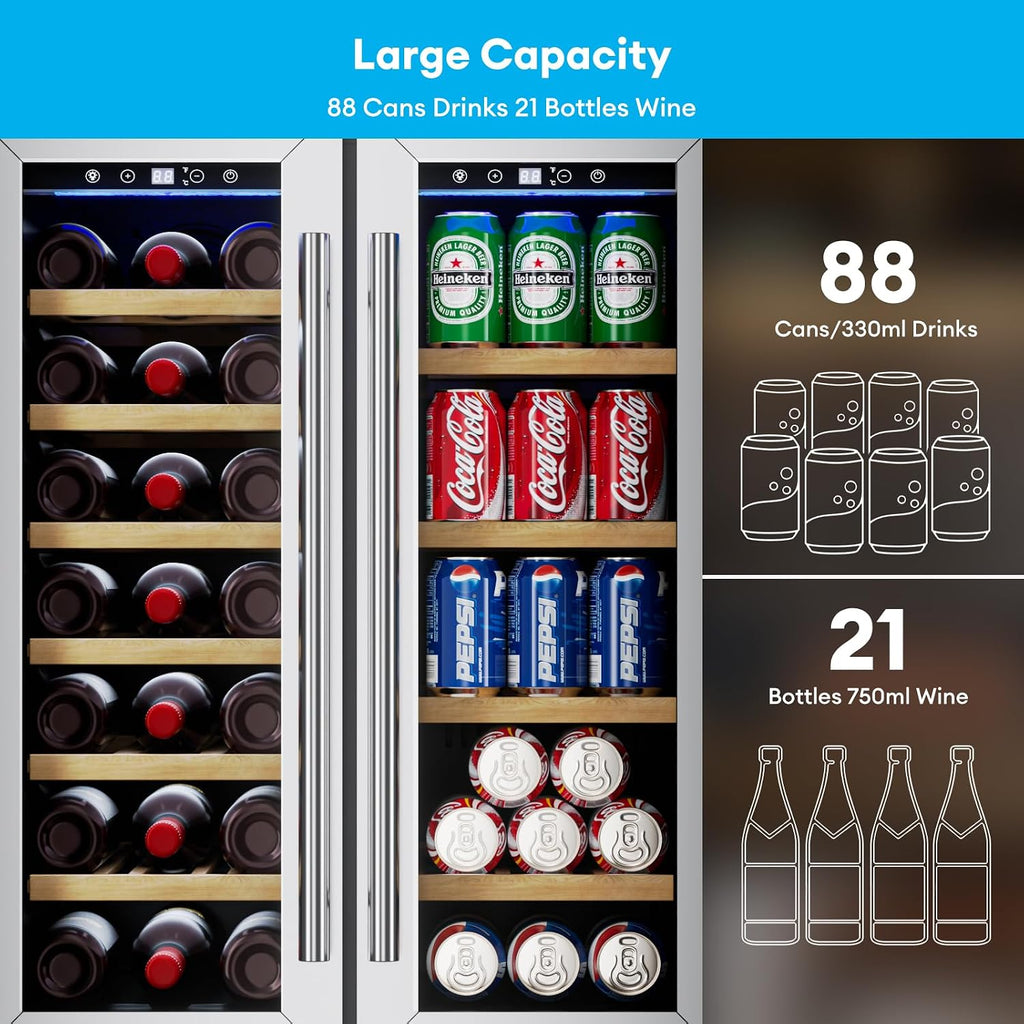 TABU Wine and Beverage Refrigerator, 24 Inch Dual Zone Wine Cooler with Glass Door&Lock, Built-in or Freestanding Beverage Fridge Hold 21 Bottles and 88 Cans