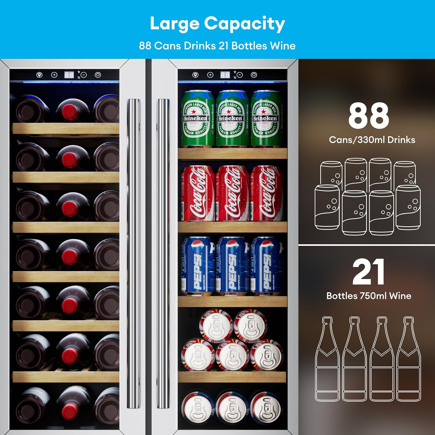 TABU Wine and Beverage Refrigerator, 24 Inch Dual Zone Wine Cooler with Glass Door&Lock, Built-in or Freestanding Beverage Fridge Hold 21 Bottles and 88 Cans