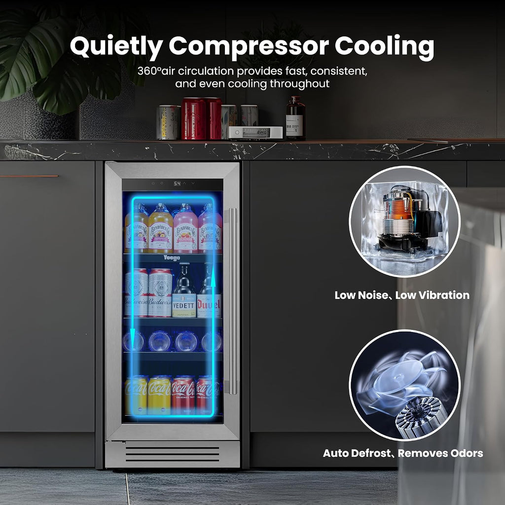 Yeego 15-Inch Built-In Beverage Refrigerator (2 Pack) – Slim Beverage Cooler with Left-Hinged Glass Door, Auto Defrost Drink Fridge for Beer, Soda & Wine, Built-In or Freestanding