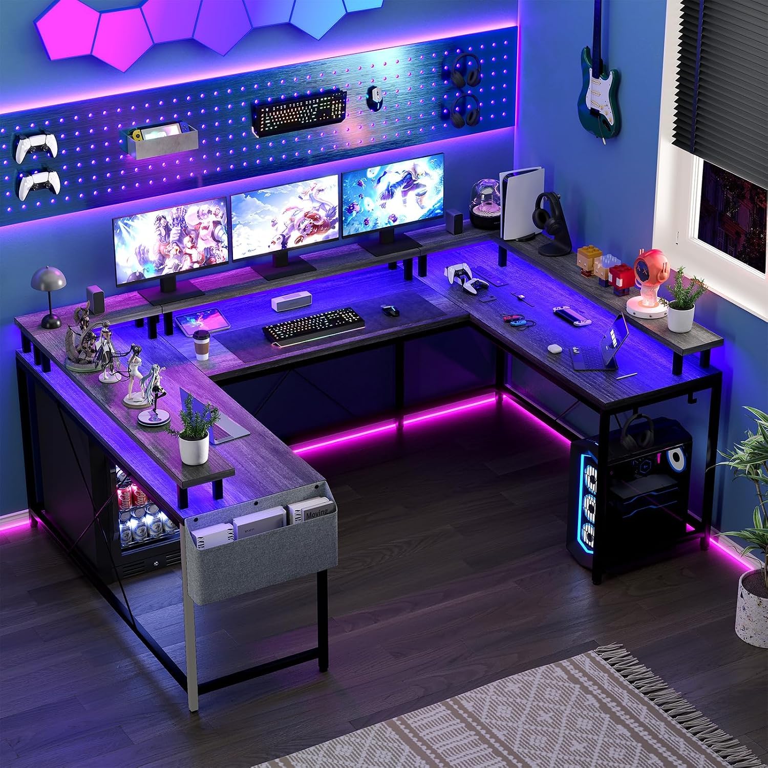 126' U Shaped Gaming Desk, Power Outlets & USB Ports, Reversible Corner Computer Desk with Monitor Stand, RGB LED Lights, Storage Shelves & Bag, Gaming Desk for Home Office, Tiger Stripes, Grey Oak