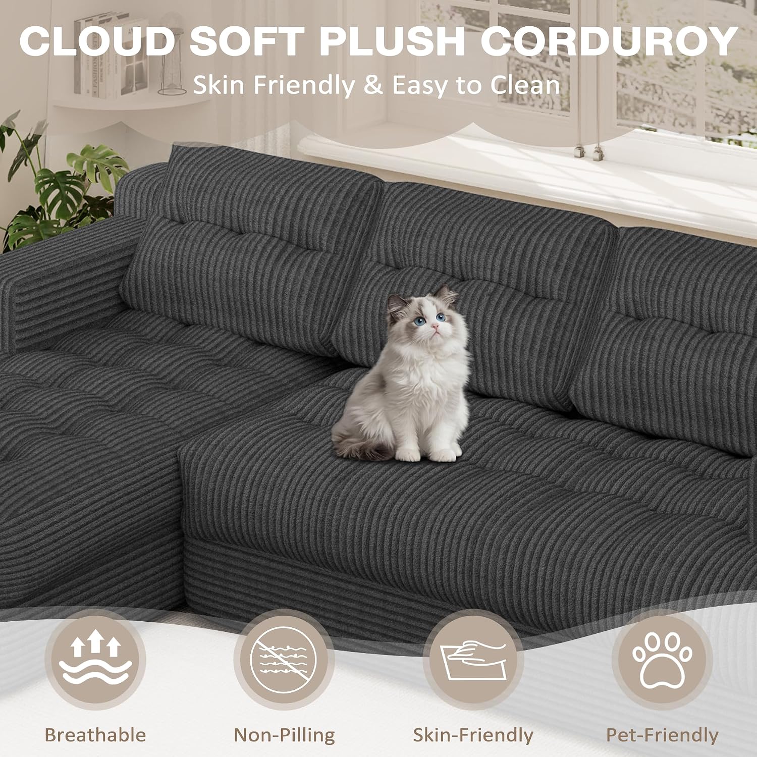 Boneless Couch, 2026 New Boneless Sectional Couch with Deep Seat & Chaise for Small Spaces, Upholstered Cloud Couch Sectional Boneless Couches for Living Room, No Assembly, Left Facing Chaise, Grey