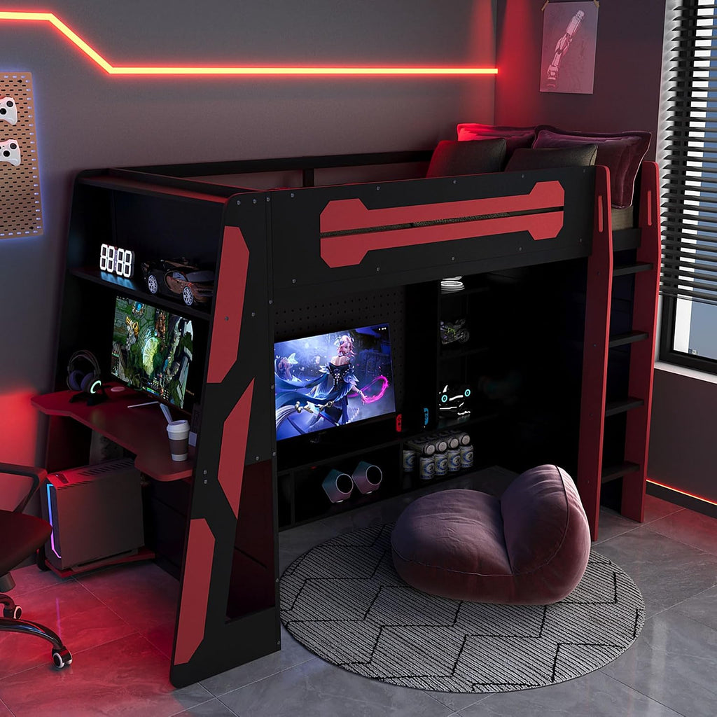 LUMISOL Twin Size Gaming Loft Bed with Desk, RGB LED Lights & Charging Stations, Wood Loft Bed Frame with Storage Bookshelves for Kids, Teens & Adults, Red + Black