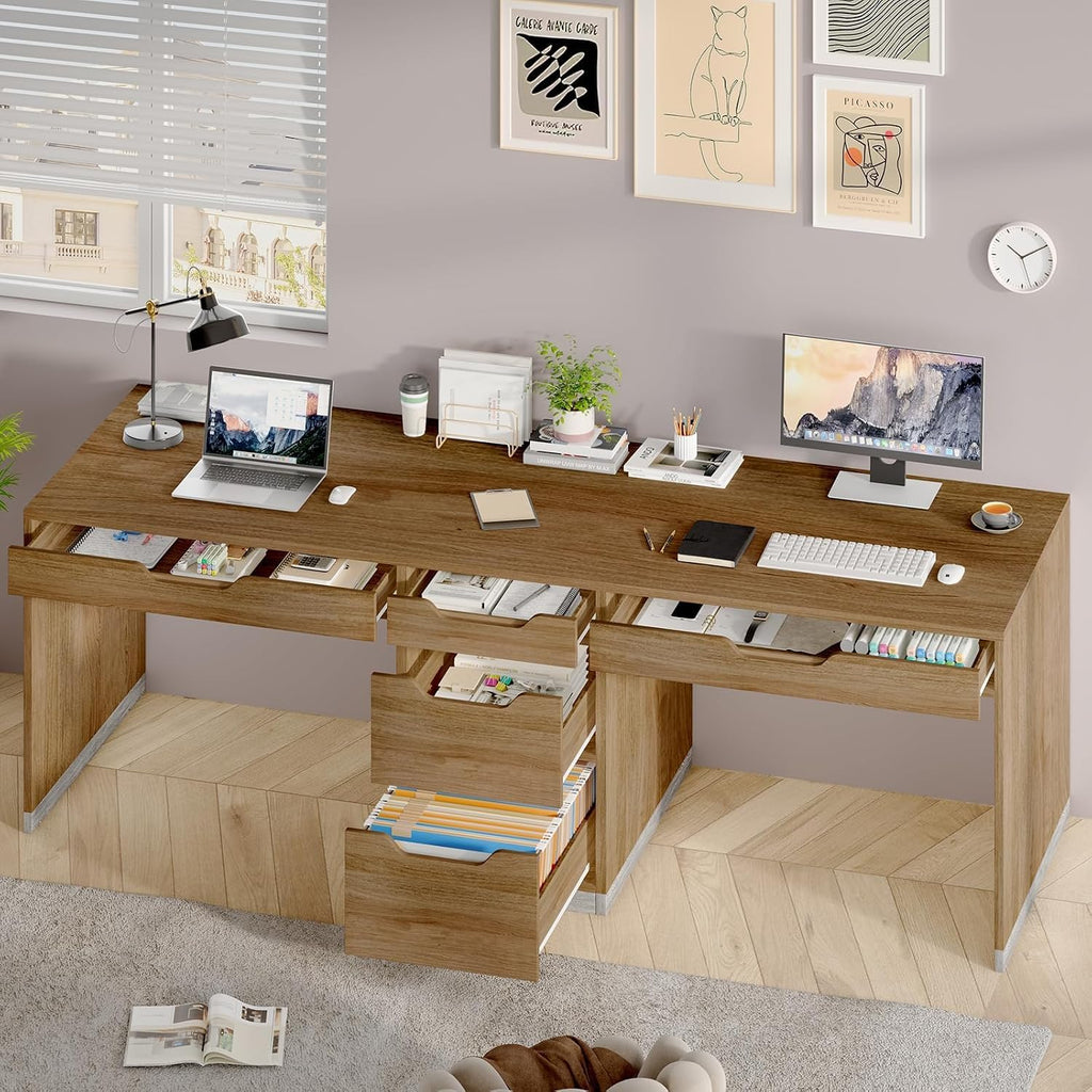 MaverickFurni Two Person Desk with 5 Drawers, Double Desk with Storage for 2 People, 78 Inch Extra Long Computer Desk Workstation with File Drawer for Home Office, Brown