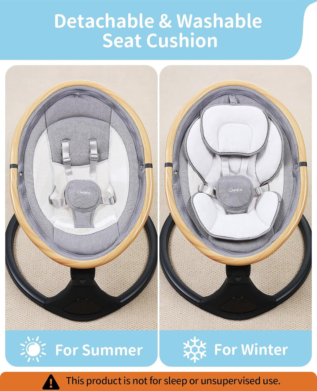 LAREX Baby Swing to Toddler Electric Infant Swing Portable for Newborn Boy Girl, 5 Sway Speeds with Remote Control, 12 Preset Melodies and Bluetooth, 0-6 Months Max 20 Lbs (Light Wood Grain)