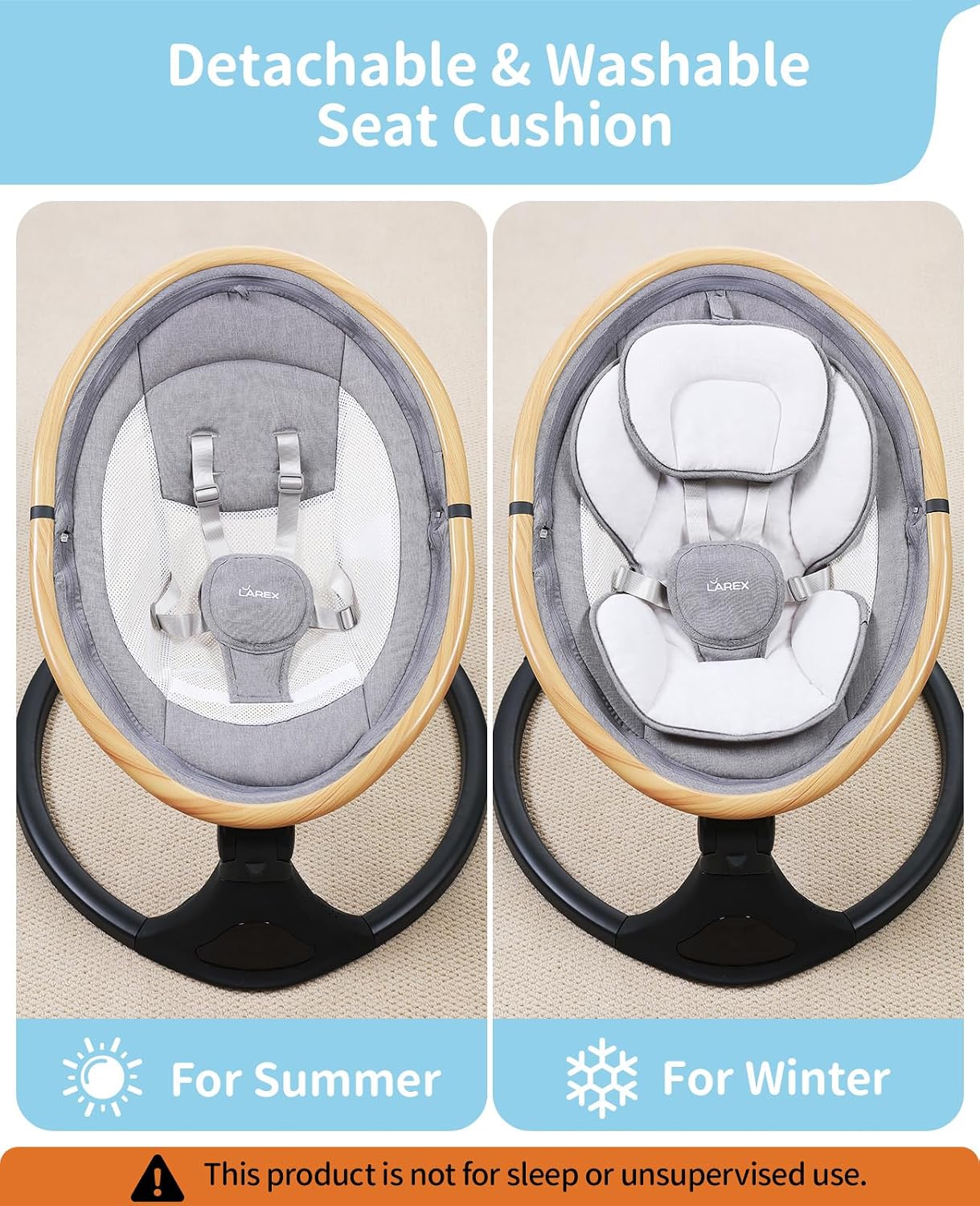 LAREX Baby Swing to Toddler Electric Infant Swing Portable for Newborn Boy Girl, 5 Sway Speeds with Remote Control, 12 Preset Melodies and Bluetooth, 0-6 Months Max 20 Lbs (Light Wood Grain)
