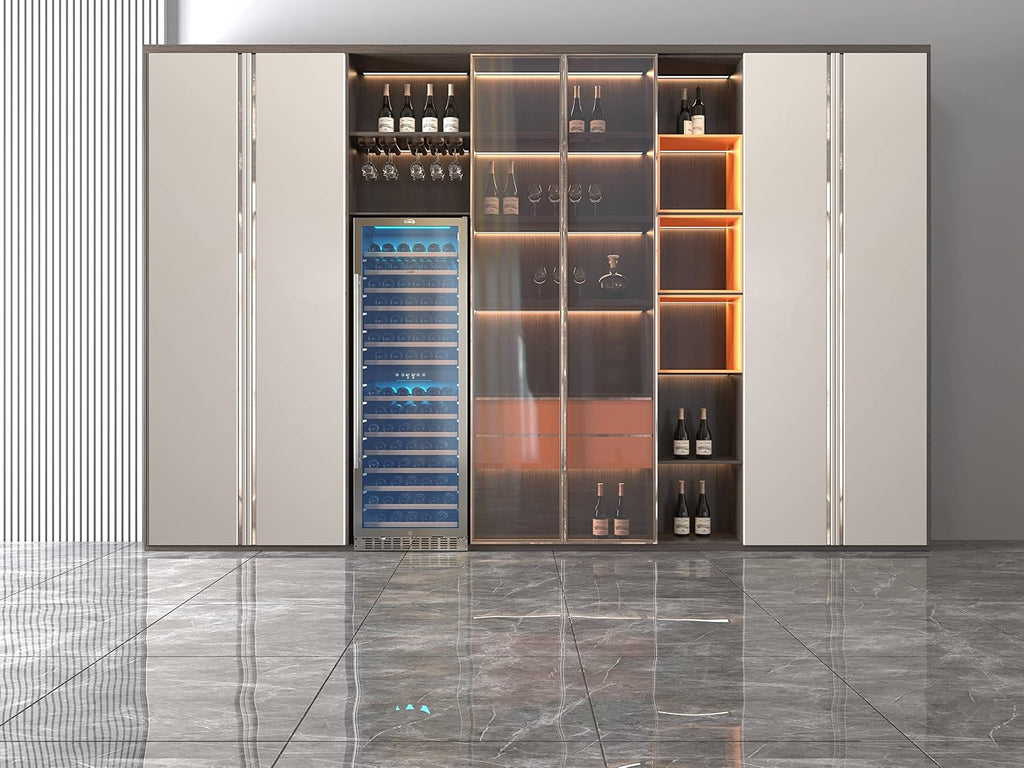 KoolMore 24' Inch 15.1 Cu.Ft. Dual Zone Wine Cooler Refrigerator, Freestanding or Built-In Unit, Stainless Steel Finish, Temperature Control, and Door Lock (KM-CW155DZ-SS), Silver, 155 Wine Bottles