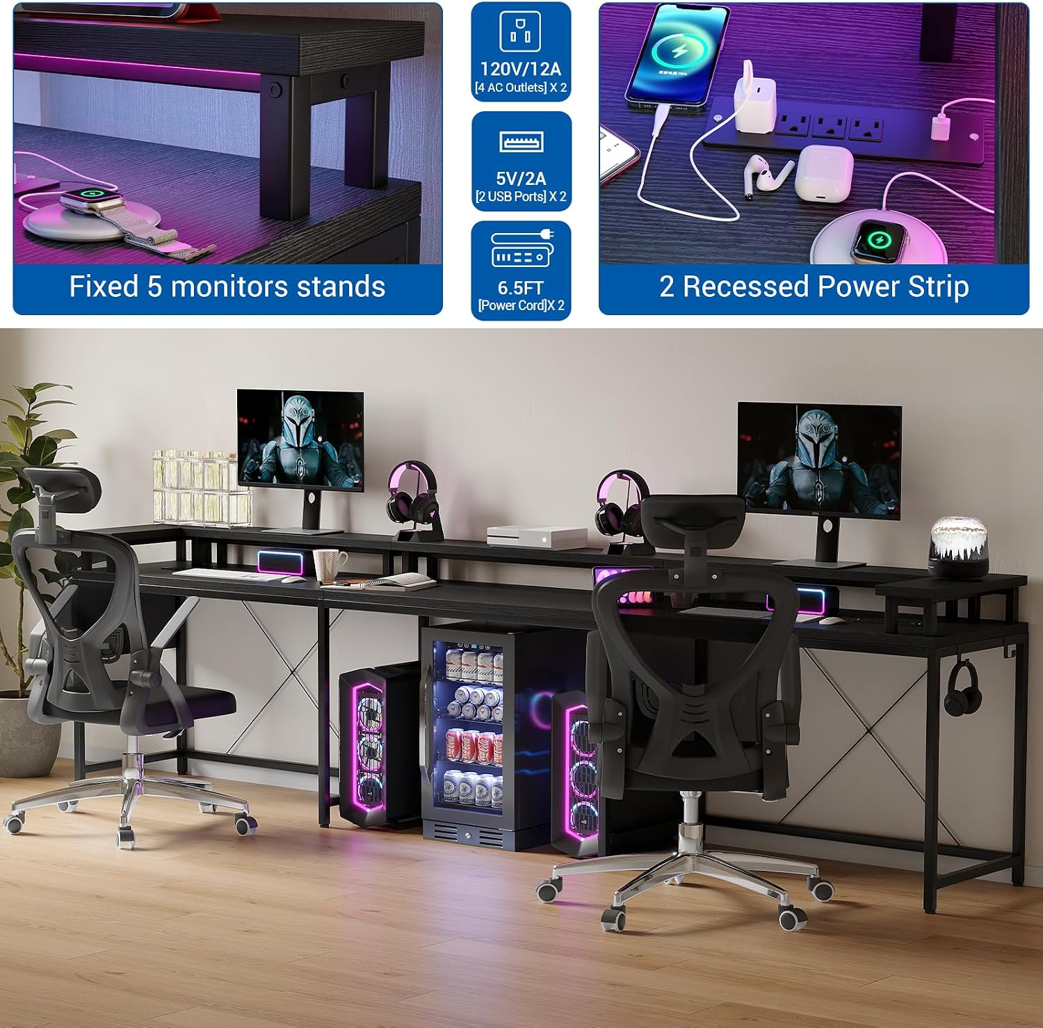Patikuin U Shaped Desk with Power Outlets, USB Ports & RGB LED Lights, 79 Inch Large Corner Computer Desk with Monitor Stand, Reversible Gaming Desk for Home Office, Ergonomic Workstation (Black)