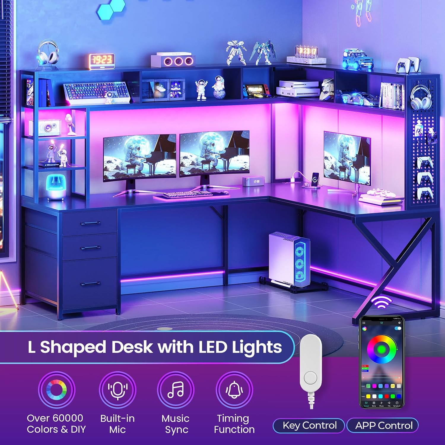 SEDETA L Shaped Gaming Desk with Storage Shelves and Hutch, Convertible 94.5' Computer Desk with Drawers, Corner Computer Desk with Power Outlet, LED Lights, Pegboard for Home Office, Black