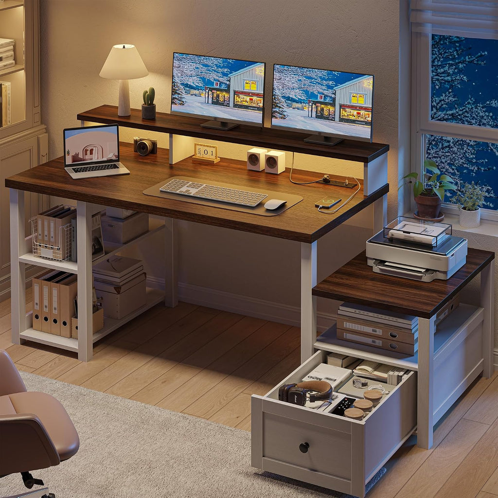 EnHomee 60.4' Computer Desk with Drawer & Power Outlet, Gaming Desk with LED Light, Farmhouse Desk Study Desk with Monitor Stand, Home Office Desk, Work Desk for Bedroom, Study Room, White