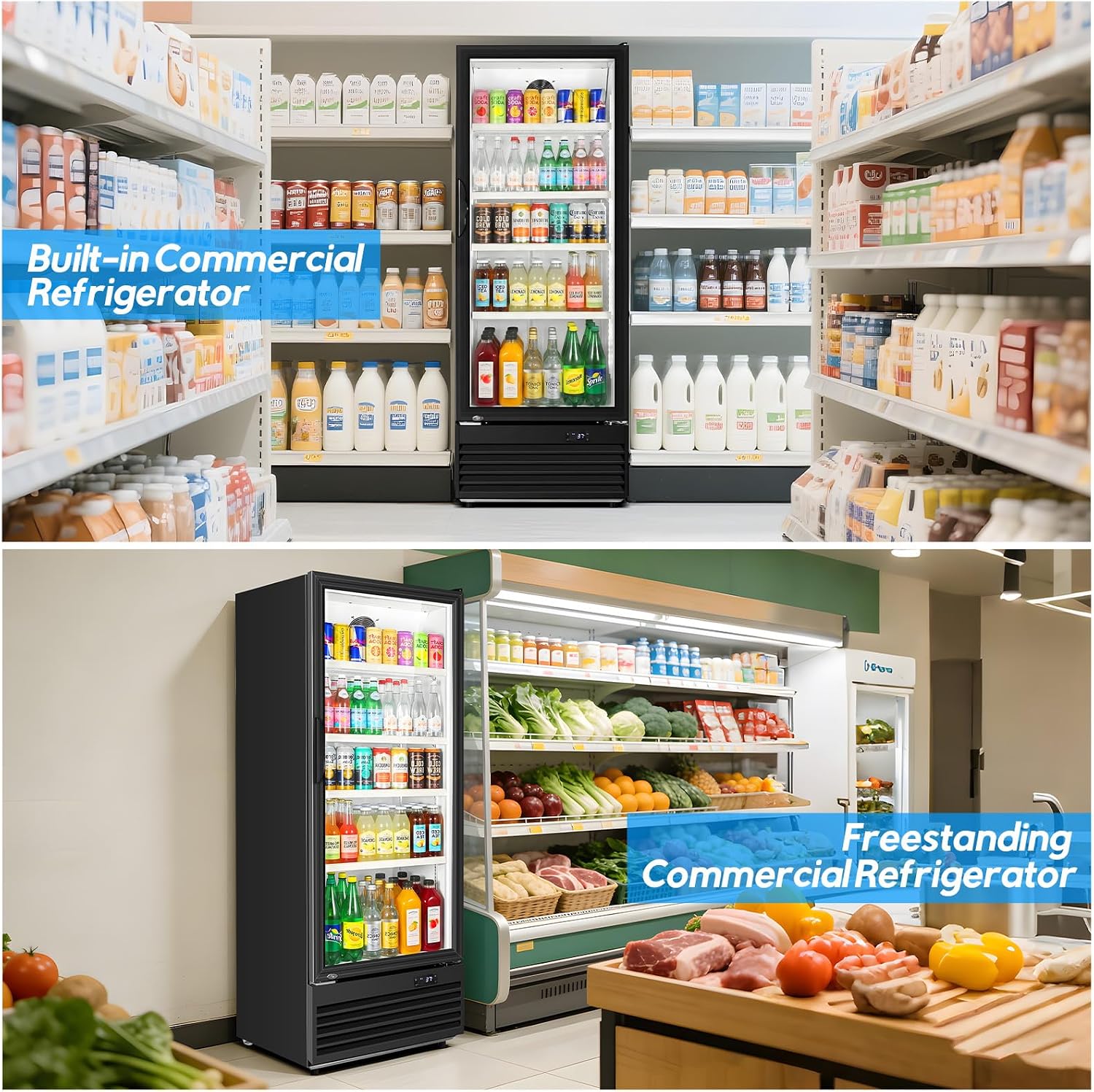 Commercial Beverage Refrigerator, 24.5' Glass Door Display Fridge, 15 Cu.Ft Freestanding Beverage Cooler with 4 Adjustable Shelves, Auto Rebound Door, Low Noise, for Shops, Restaurants & Bars, Black