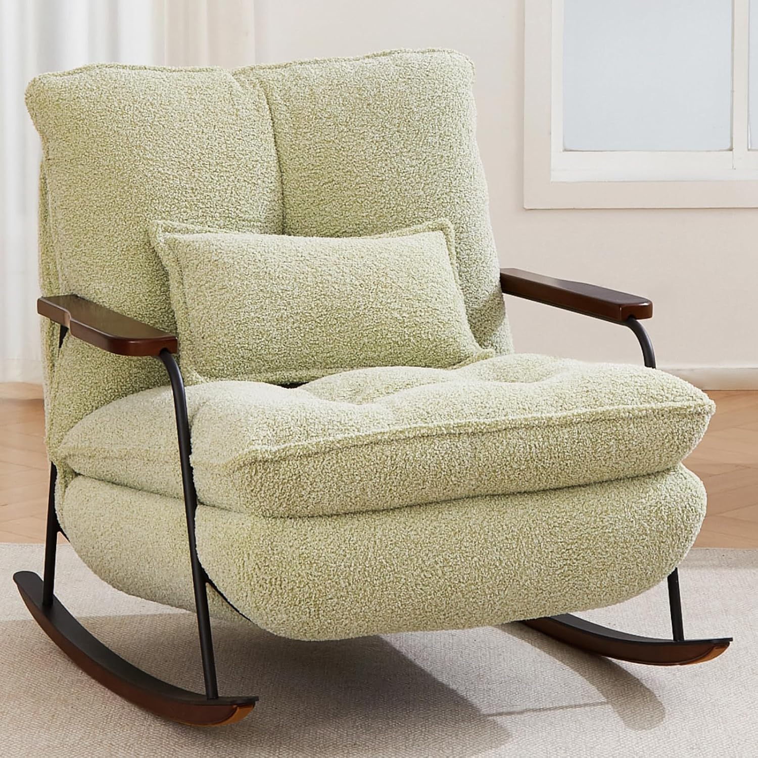 zyz Nursery Rocking Chair with Pillow, Teddy Upholstered Oversized Accent Chair Rocker Recliner, Solid Wood Frame, DIY Ottoman Footrest, Lazy Sofa for Living Room Bedroom (Teddy, Light Green)