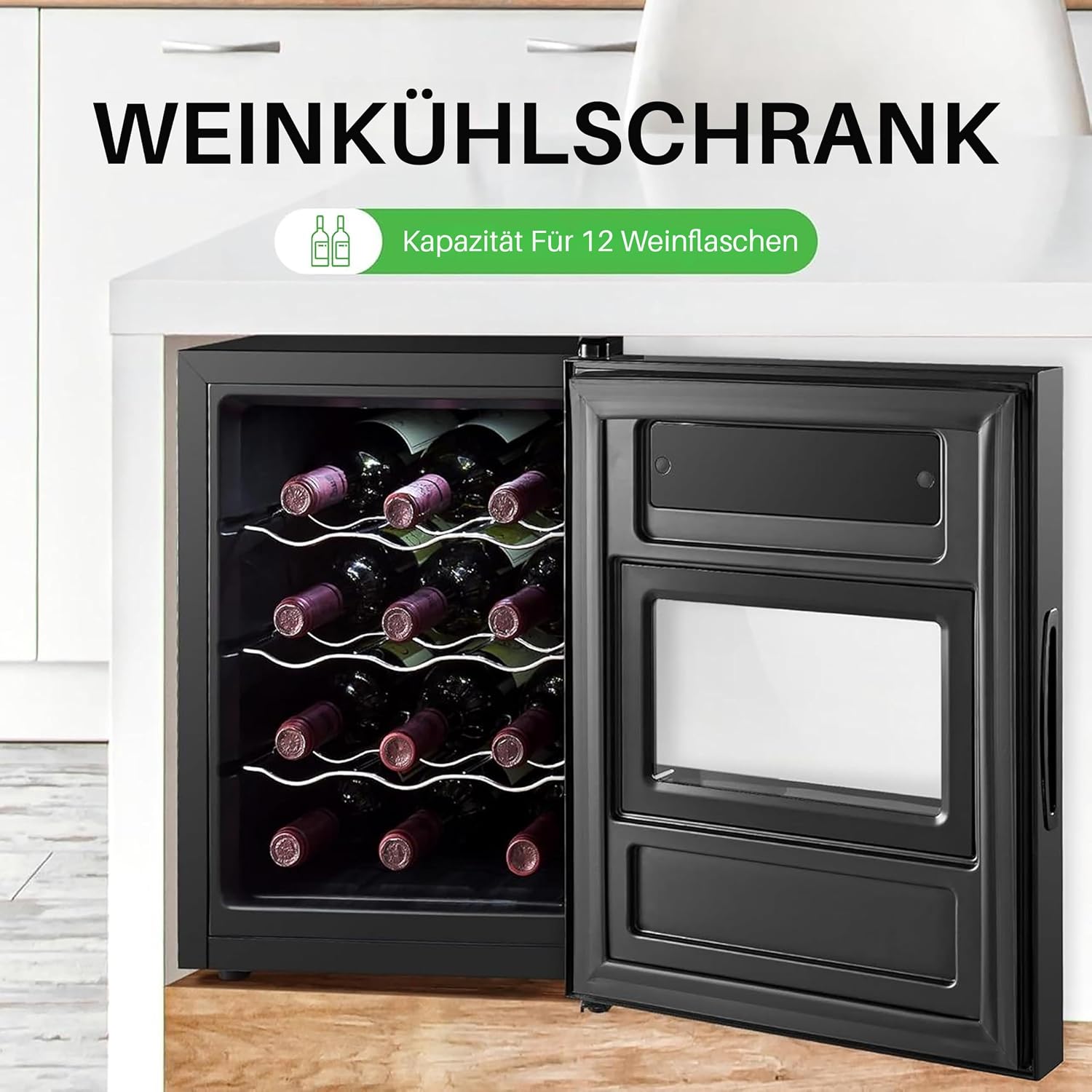 Nutrichef 12 Bottle Slim Wine Fridge | Great for Both Red & White Wines | Adjustable Temperature 41°F to 64°F | Ultra Quiet | Mini Wine Cooler For Home & Office | Free Standing 18x13x20 IN | Black