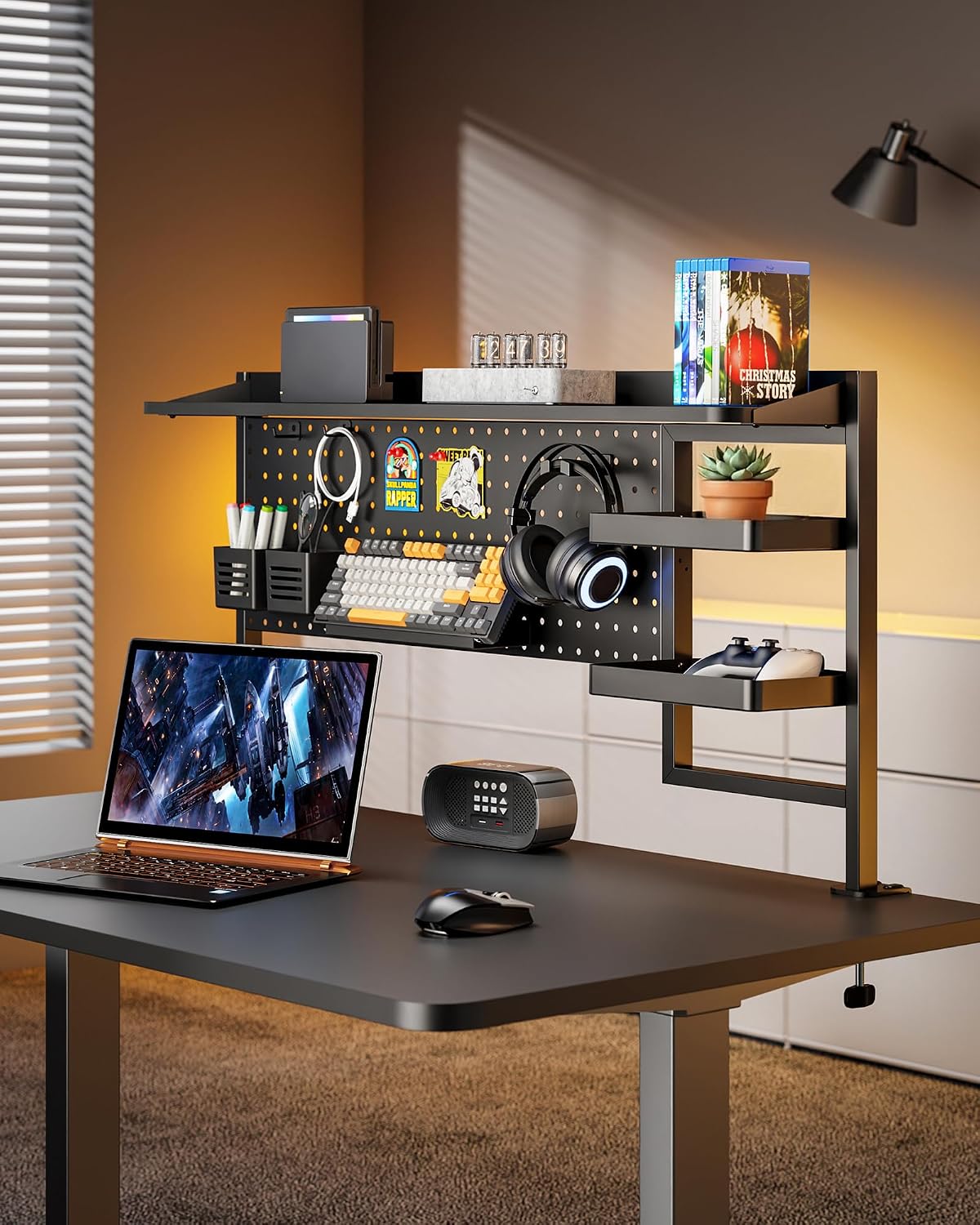 PEGZONE Clamp on Desk Shelf, 44' Desktop Shelving System with Pegboard and Accessories, Desktop Organizer with 2-Tier Shelf, Desk Pegboard for Office Home Gaming, Black