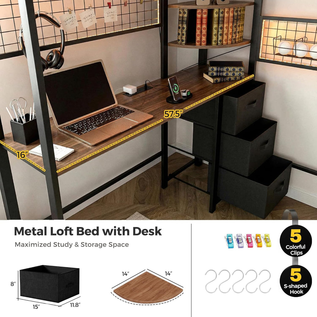 Full Size Loft Bed with Desk and Stairs, Headboard, Wardrobe, Bedside Storage Shelf, 6 Drawers, Charging Station & LED Light, Metal Gaming Loft Bed Frame for Adult Space-Saving, Black & Walnut