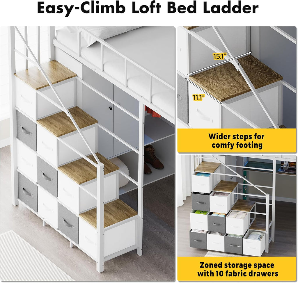 Kikihouse Full Size Loft Bed with Desk, Stairs & LED Light, Metal Gaming Loft Bed Frame with Headboard, Safety Guardrails, Charging Station, Closet and 12 Fabric Drawers, Space Saving, White and Oak