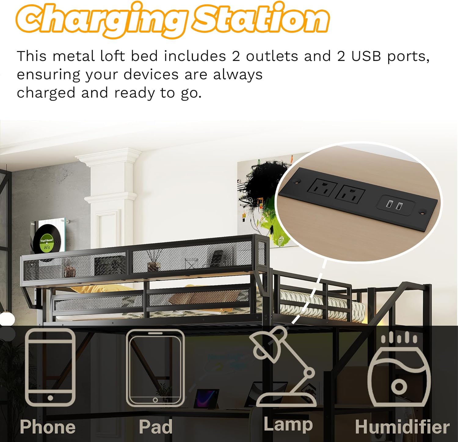 Mirightone Full Size Loft Bed with Stairs & Desk, Metal Loft Bed Frame with LED and Charging Station, High Loft Beds Gaming Lofted Full Bed with Storage Shelf for Kids and Teens (Black+Natural)