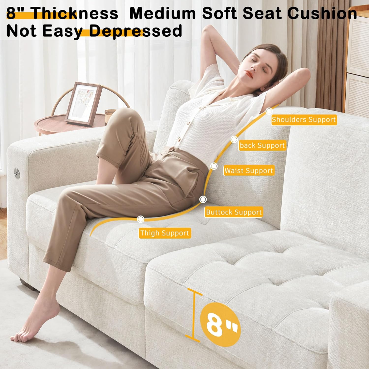 Hanherry 89' Sofa for Living Room, Modern Comfy Sofa with Medium Firm Seat Cushion, Removable Cover,Wide Armrest,USB/Type-C Port,Chenille Fabric Couches for Small Space,Apartment
