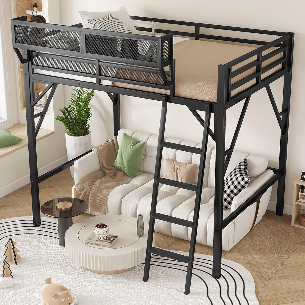 Mirightone Full Size Loft Bed with Storage, Metal Loft Beds with Upper Shelf, High Loft Bed Frame with Ladder, Lofted Full Bed for Kids and Teens, No Box Spring Needed (Black)