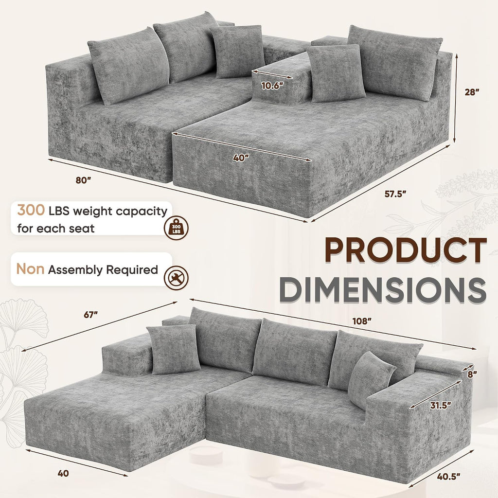 VICTONE 108' Cloud Sectional Couches, Boneless Couch Modular L-Shaped Sofa with Deep Seat, Modern Comfort Upholstered Sofas for Living Room, No Assembly Required (Chenille, Grey)