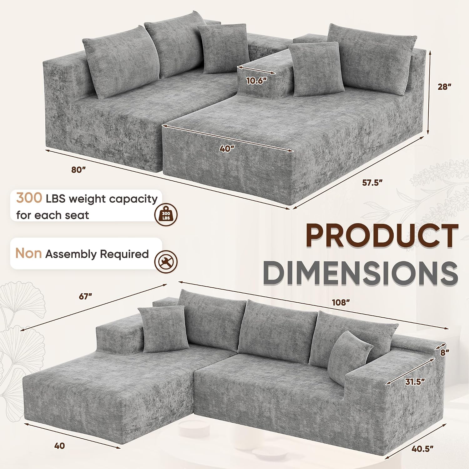 VICTONE 108' Cloud Sectional Couches, Boneless Couch Modular L-Shaped Sofa with Deep Seat, Modern Comfort Upholstered Sofas for Living Room, No Assembly Required (Chenille, Grey)