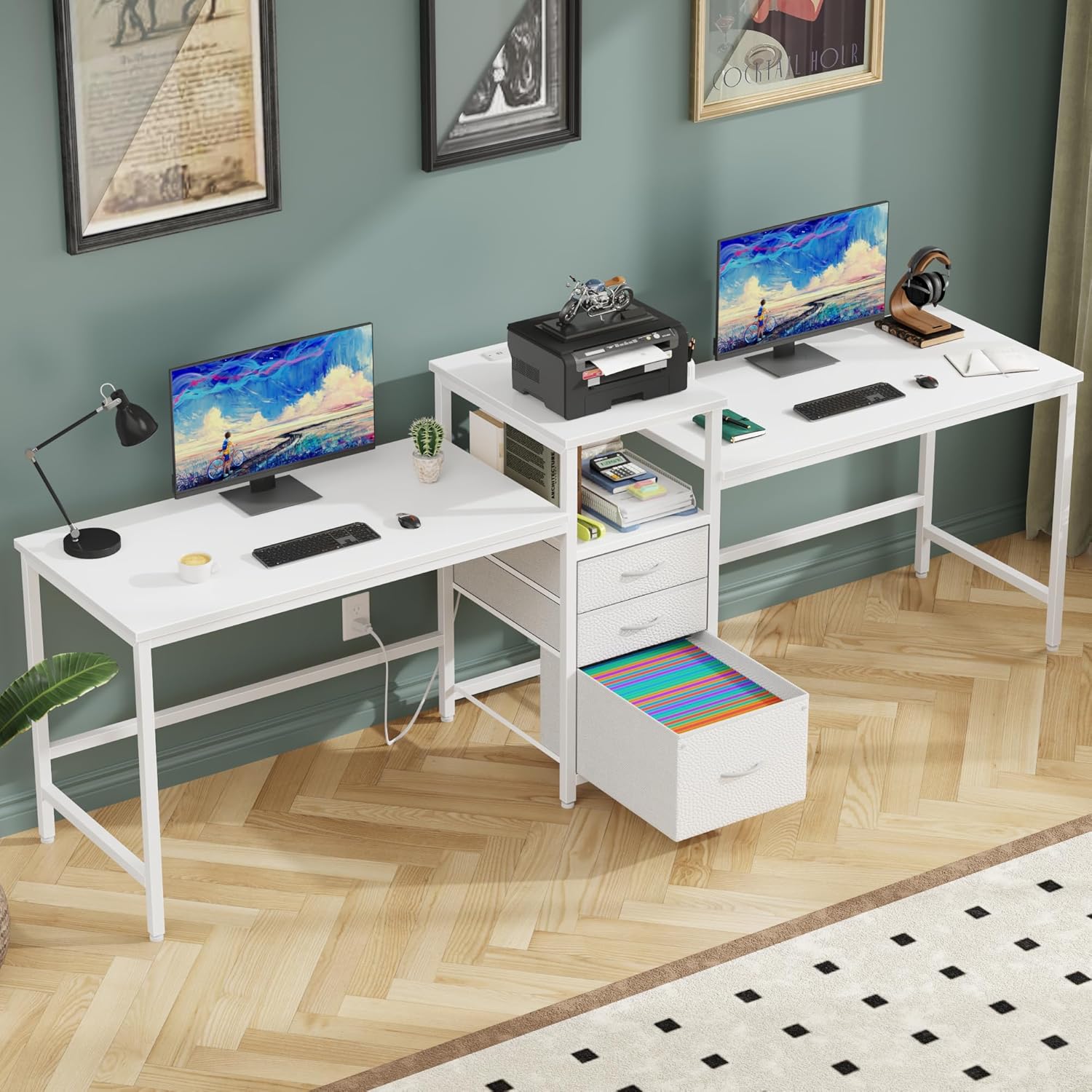 GYIIYUO 93'' Two Person Desk with Charging Station, Long Desk with 3 Drawers and Printer Shelf, Double Computer Desk, 2 Person Writing Study Table Workstation for Home Office, White