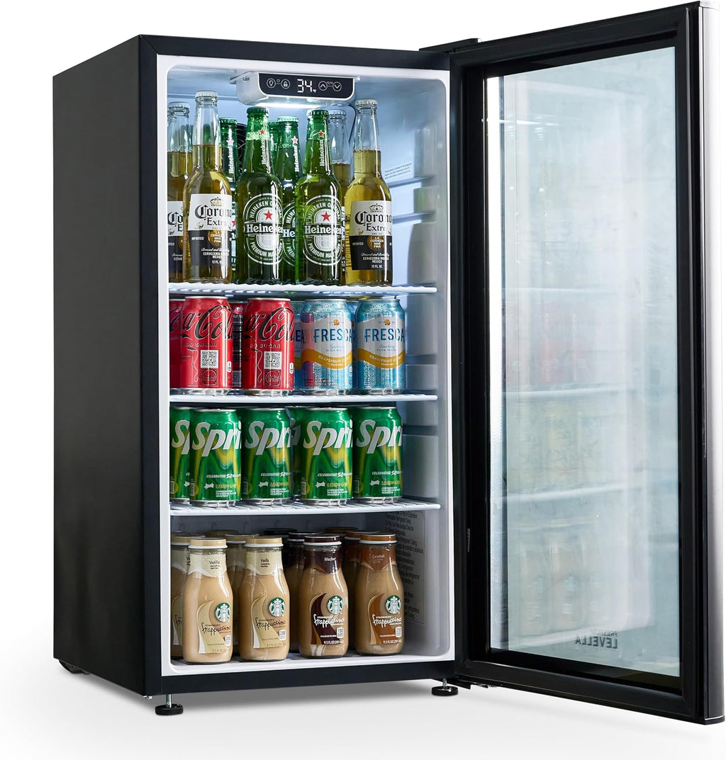 PremiumLevella PRF37DX Glass Door Display Refrigerator 3.1 cu ft Commercial Beverage Cooler Merchandiser - Black