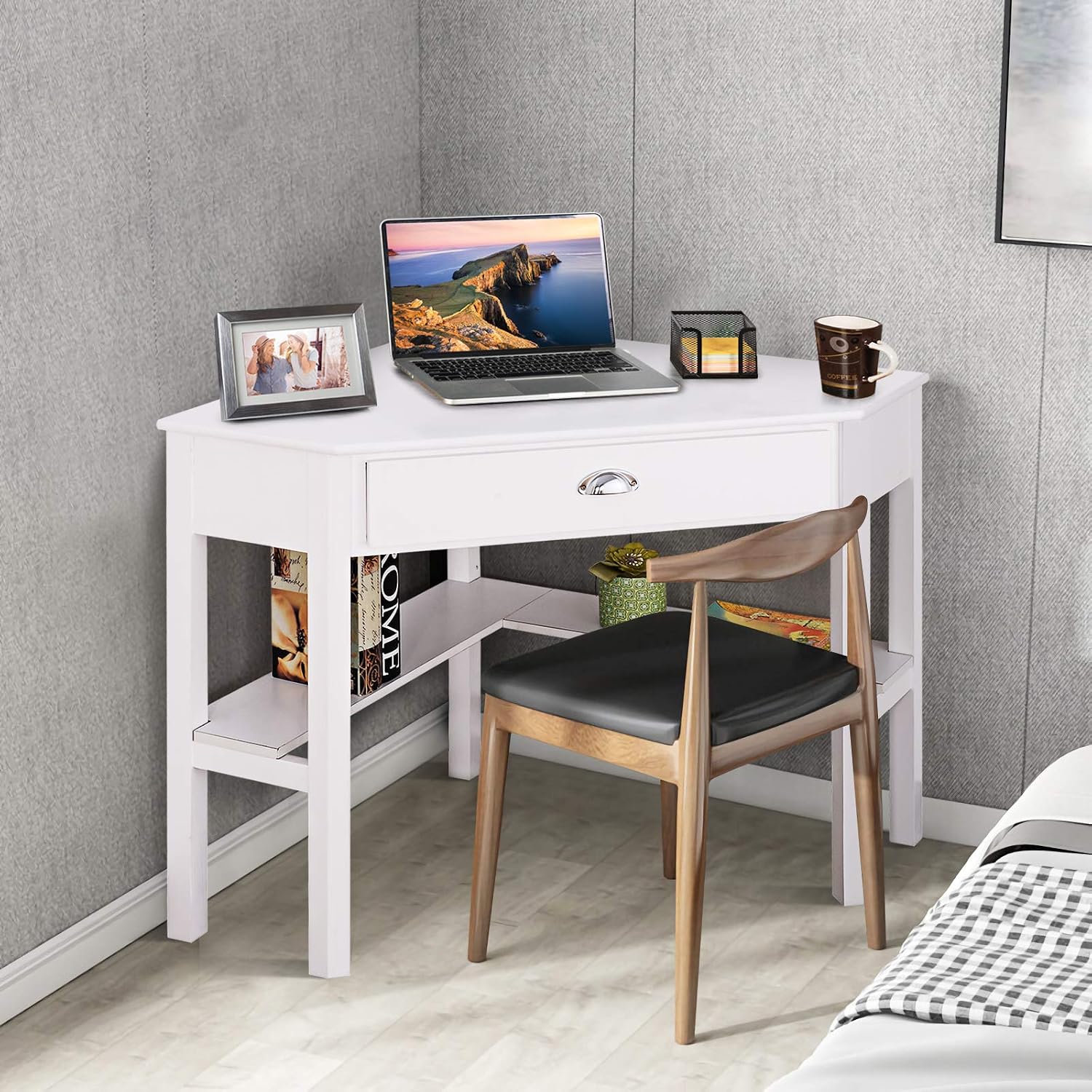 COSTWAY Corner Desk, Writing Corner Computer Desk with Drawer for Small Space, Wood Makeup Vanity Desk, Small Corner Desk with Shelves, Office Study Workstation, White Corner Desk (White)