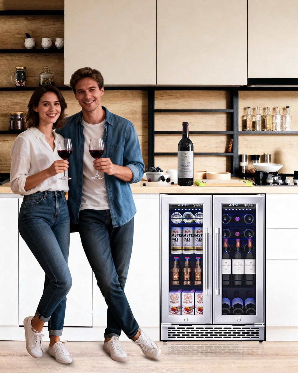 Under Counter Beverage Refrigerator – 160 Can & 20 Bottle Capacity, Dual Zone Built-In Beverage Cooler with Glass Door and Quiet Advanced Cooling System, Ideal for Beer, Wine, Soda