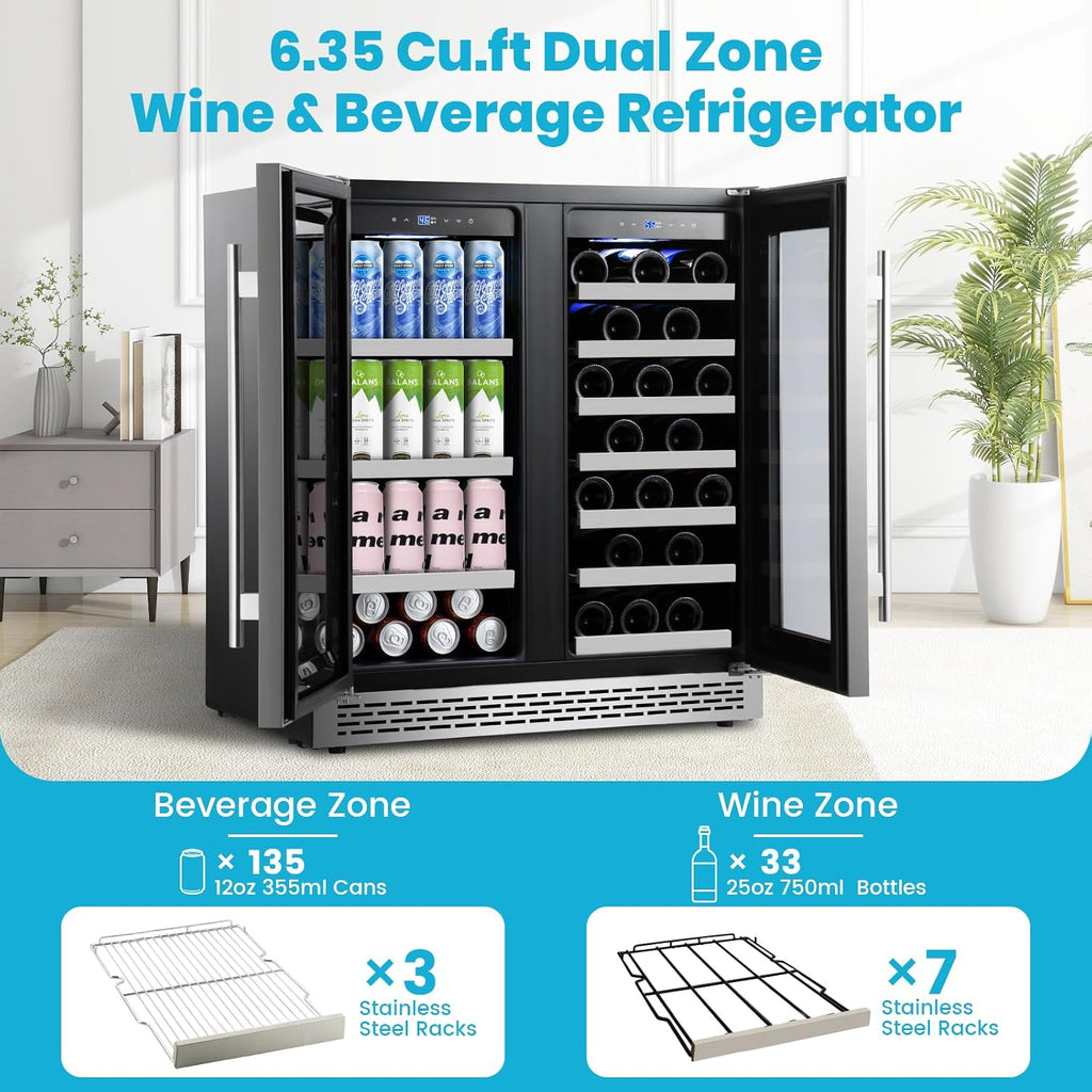 30 Inch Wine and Beverage Refrigerator, Beverage Fridge Cooler Under Counter, Dual Zone Commercial Bar Fridge for Beer with Seamless Stainless Steel Tempered Glass Door, 33 Bottles & 135 Cans